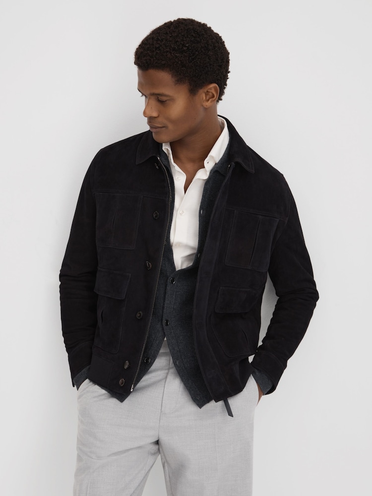 Reiss Navy Thomas Suede Chest Pocket Jacket - Image 1 of 6