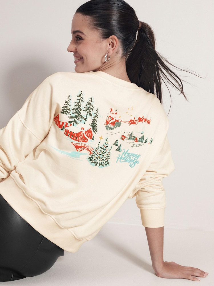 Ecru White Happy Holidays Scenic Back Graphic Christmas Novelty Sweatshirt - Image 1 of 7