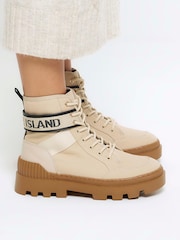 River Island Brown Beige Branded Canvas Boots - Image 1 of 1