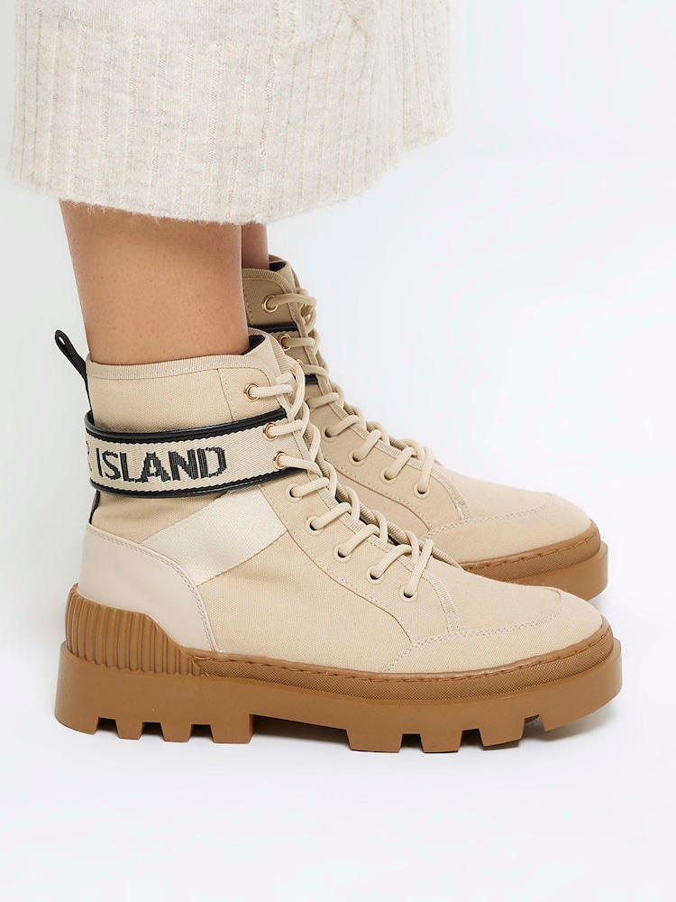 River Island Brown Beige Branded Canvas Boots - Image 1 of 1