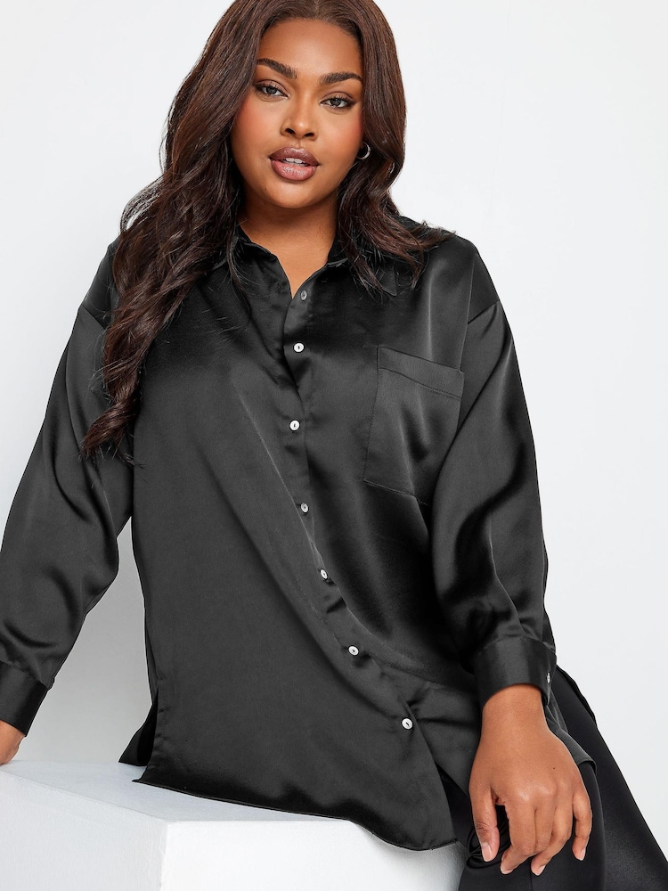 Yours Curve Charcoal Black Cuffed Sleeve Shirt - Image 1 of 4