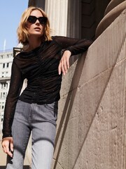 Black Long Sleeve Ruched Mesh Embellished Sparkle Top - Image 4 of 7