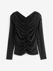 Black Long Sleeve Ruched Mesh Embellished Sparkle Top - Image 7 of 7