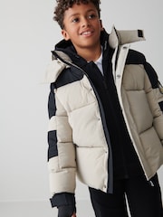 Clarks Stone Boys Colourblock Puffer Coat - Image 1 of 9