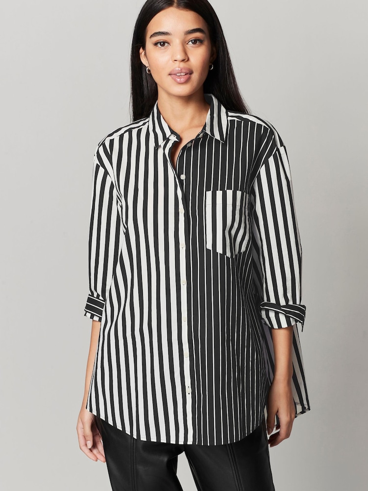 Black/Tan Oversized Striped Long Sleeve Cotton Shirt - Image 1 of 6 Black/Tan Oversized Striped Long Sleeve Cotton Shirt - Image 1 of 6