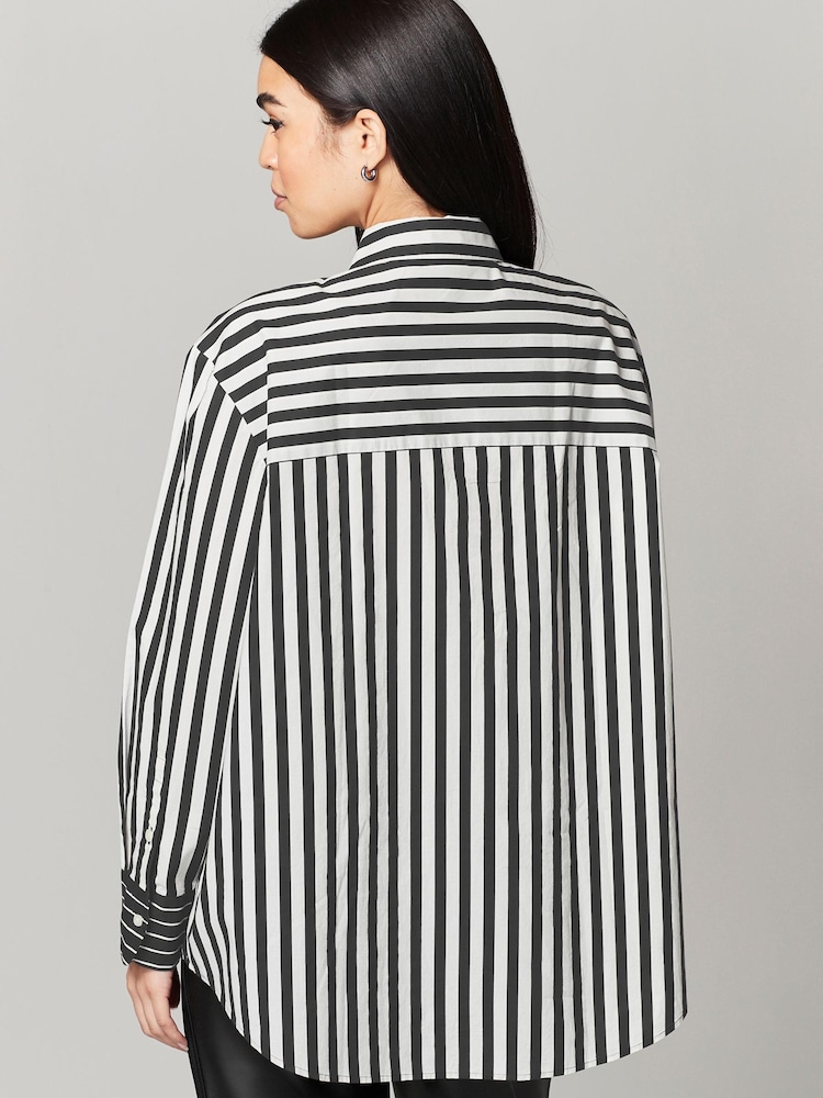 Black/Tan Oversized Striped Long Sleeve Cotton Shirt - Image 2 of 6 Black/Tan Oversized Striped Long Sleeve Cotton Shirt - Image 2 of 6