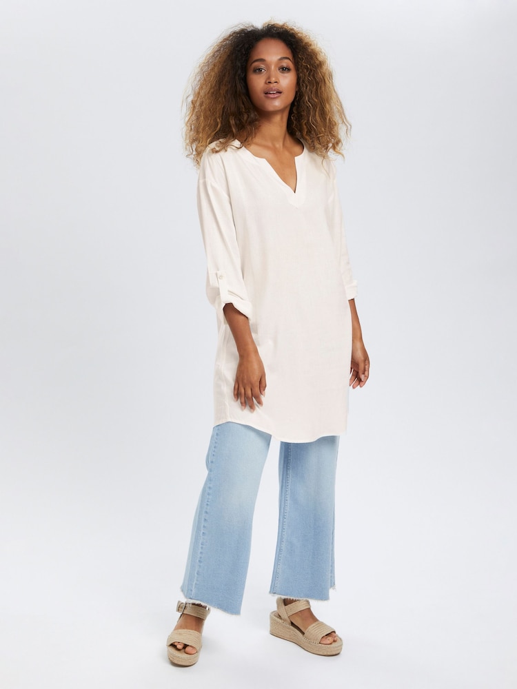 Cream Venta V-Neck Mid Thigh Length Tunic with Linen - Image 1 of 6