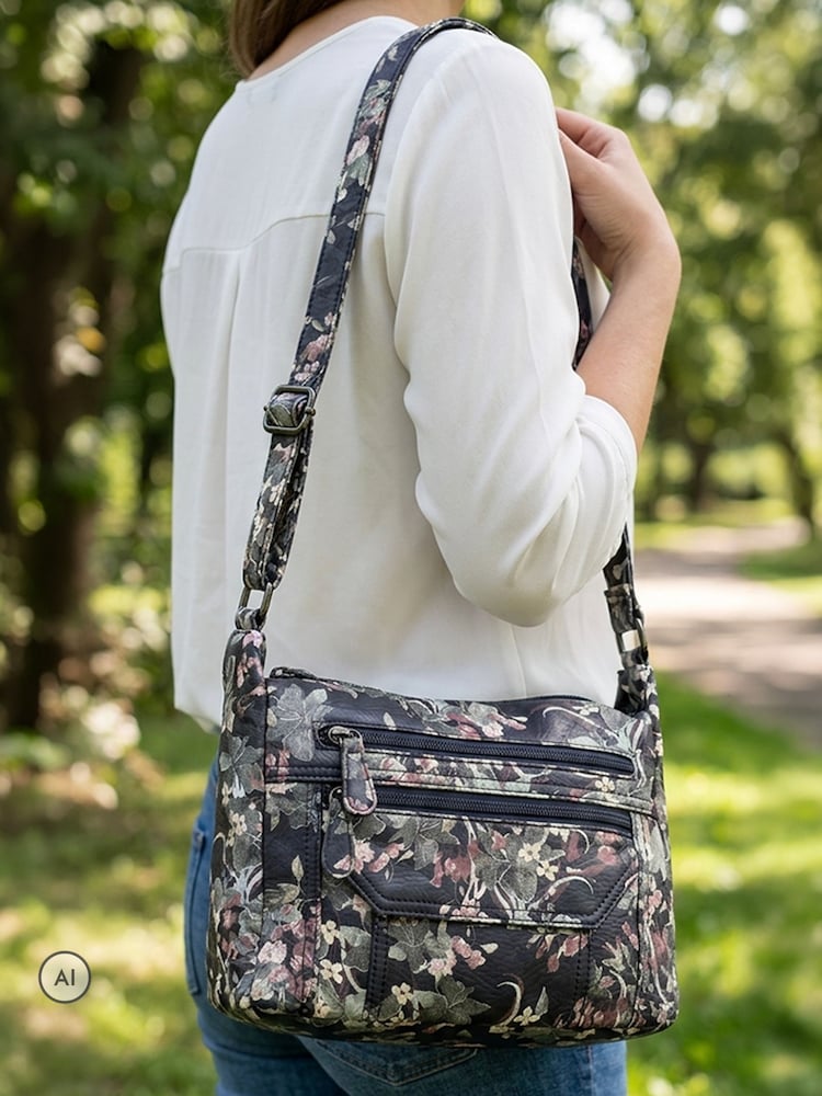 Pavers Black Floral Zip-Close Shoulder Bag - Image 1 of 6 Pavers Black Floral Zip-Close Shoulder Bag - Image 1 of 6