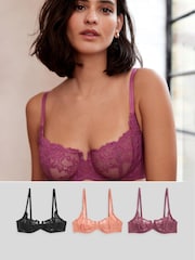 Black/Terracotta/Rose Pink Non Pad Balcony Lace Bras 3 Pack - Image 1 of 11