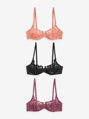 Black/Terracotta/Rose Pink Non Pad Balcony Lace Bras 3 Pack - Image 7 of 11