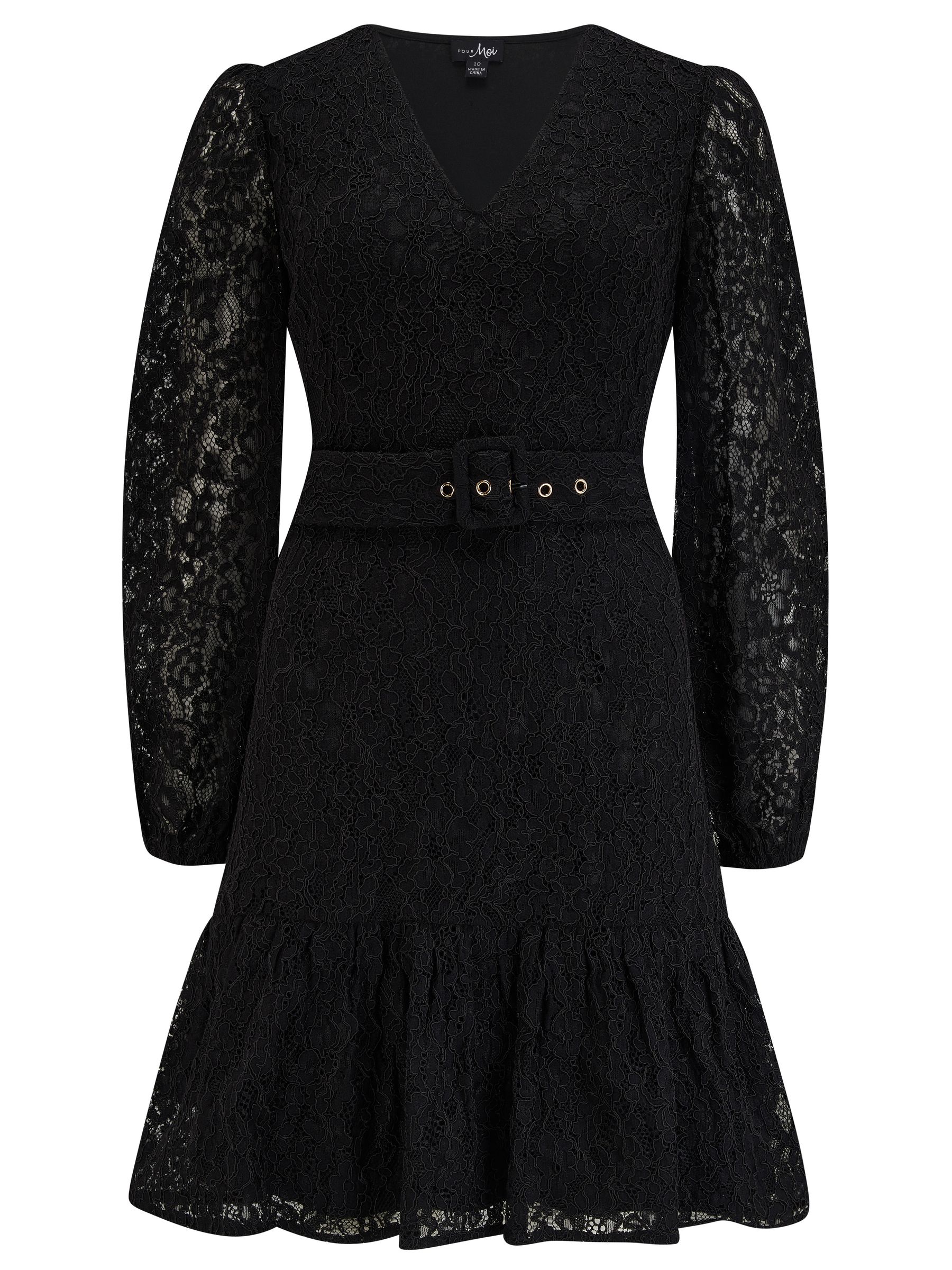 Buy Pour Moi Black Corded Lace Fitted Lorena Dress with Belt from