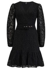 Pour Moi Black Corded Lace Fitted Lorena Dress with Belt - Image 3 of 4