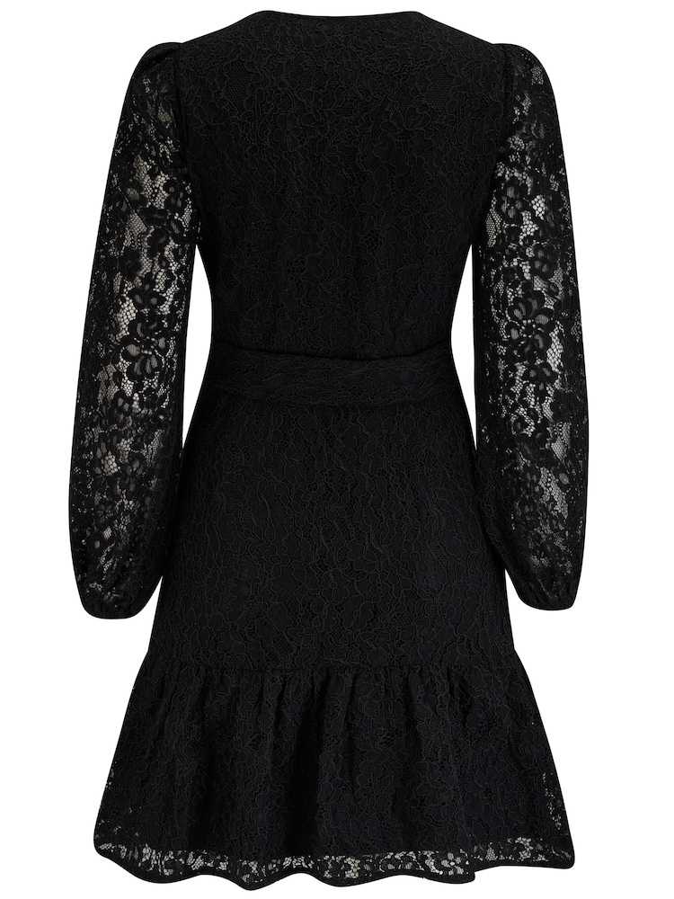 Pour Moi Black Corded Lace Fitted Lorena Dress with Belt - Image 4 of 4
