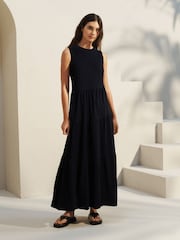 Black Sleeveless 100% Cotton Crew Neck Tiered Summer Maxi Jersey Dress - Image 1 of 6