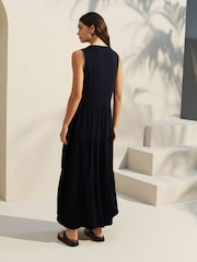 Black Sleeveless 100% Cotton Crew Neck Tiered Summer Maxi Jersey Dress - Image 2 of 6