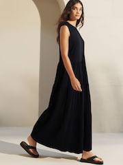 Black Sleeveless 100% Cotton Crew Neck Tiered Summer Maxi Jersey Dress - Image 3 of 6