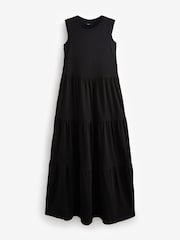 Black Sleeveless 100% Cotton Crew Neck Tiered Summer Maxi Jersey Dress - Image 5 of 6