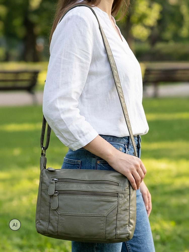 Pavers Olive Green Zip-Close Shoulder Bag - Image 1 of 6 Pavers Olive Green Zip-Close Shoulder Bag - Image 1 of 6