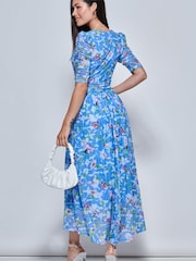 Jolie Moi Blue Print Dip Hem Mesh Maxi Dress - Image 2 of 5
