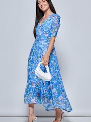 Jolie Moi Blue Print Dip Hem Mesh Maxi Dress - Image 3 of 5