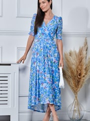 Jolie Moi Blue Print Dip Hem Mesh Maxi Dress - Image 5 of 5