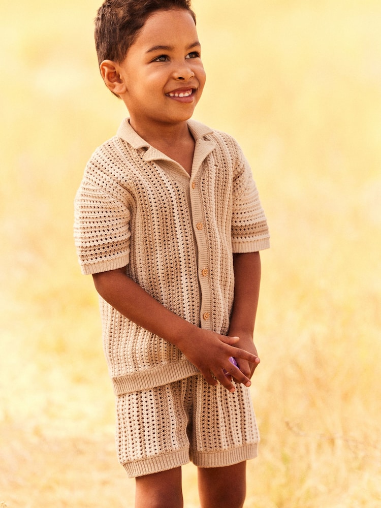 Neutral Crochet Short Sleeve Shirt and Shorts Set (3mths-10yrs) - Image 1 of 7