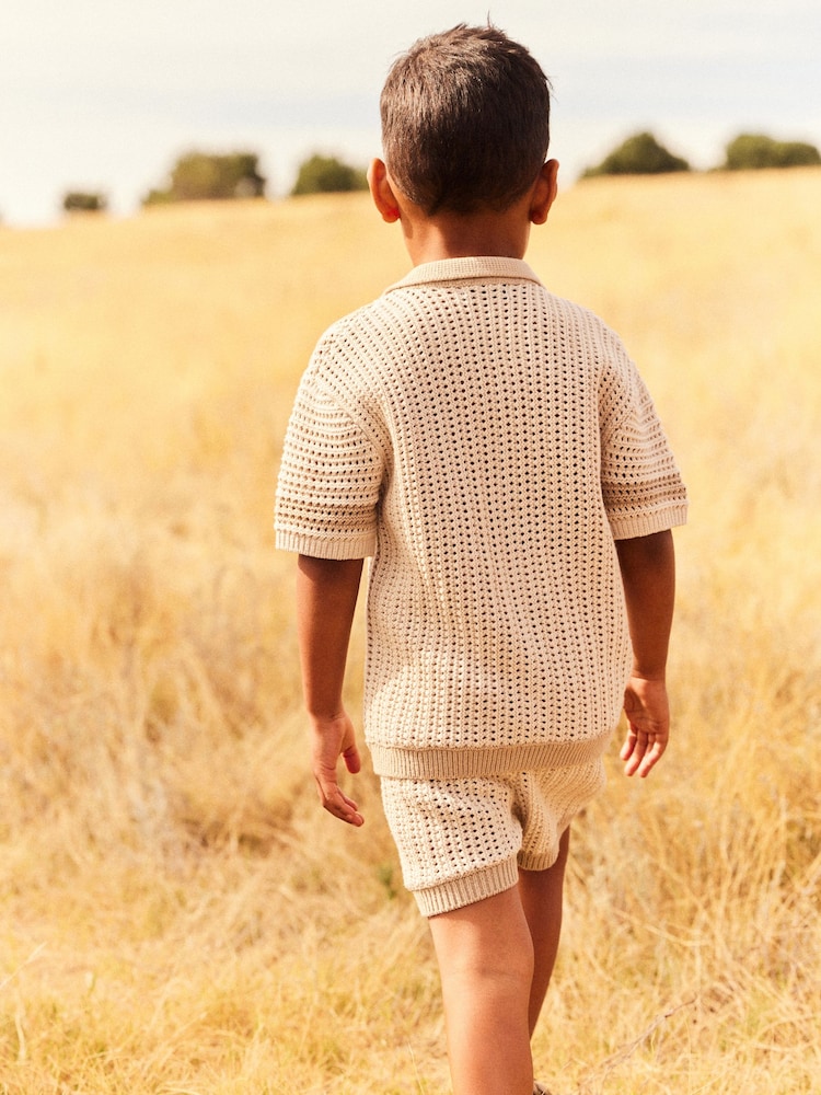 Neutral Crochet Short Sleeve Shirt and Shorts Set (3mths-10yrs) - Image 2 of 7
