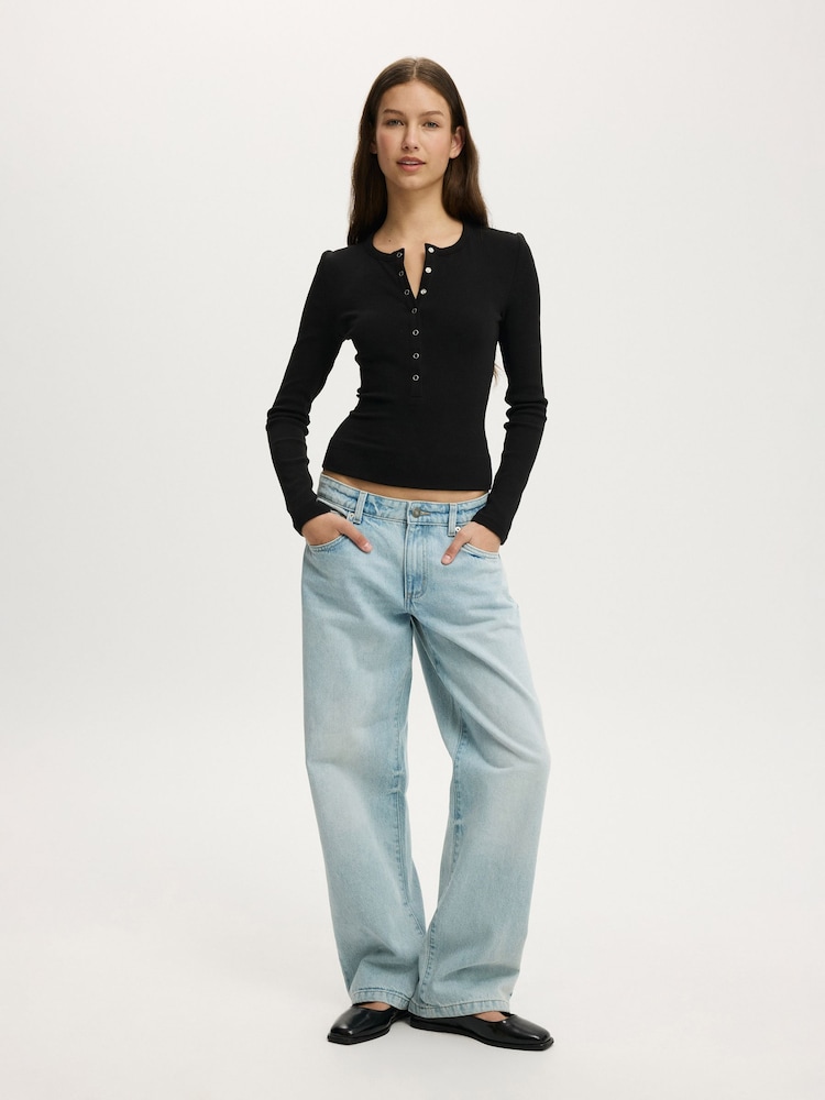 Cotton On Black Blake Henley Long Sleeve Top - Image 1 of 5 Cotton On Black Blake Henley Long Sleeve Top - Image 1 of 5