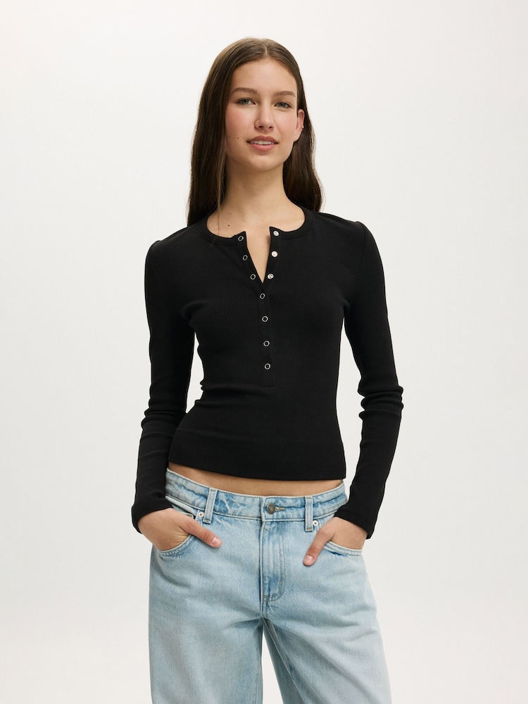 Cotton On Black Blake Henley Long Sleeve Top - Image 2 of 5 Cotton On Black Blake Henley Long Sleeve Top - Image 2 of 5