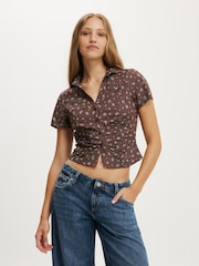 Cotton On Brown Maya Ruched Short Sleeve Shirt - Image 1 of 4