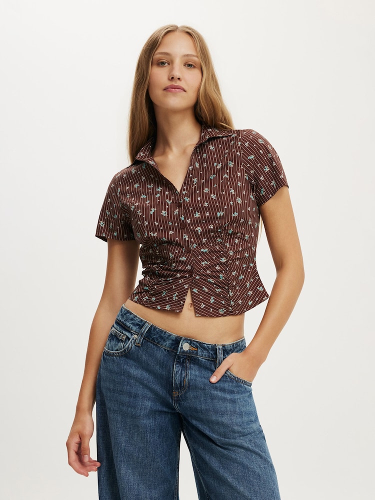 Cotton On Brown Maya Ruched Short Sleeve Shirt - Image 1 of 4 Cotton On Brown Maya Ruched Short Sleeve Shirt - Image 1 of 4