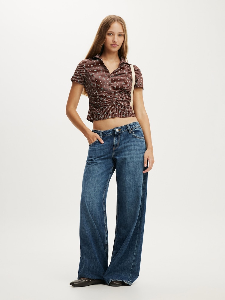 Cotton On Brown Maya Ruched Short Sleeve Shirt - Image 2 of 4 Cotton On Brown Maya Ruched Short Sleeve Shirt - Image 2 of 4
