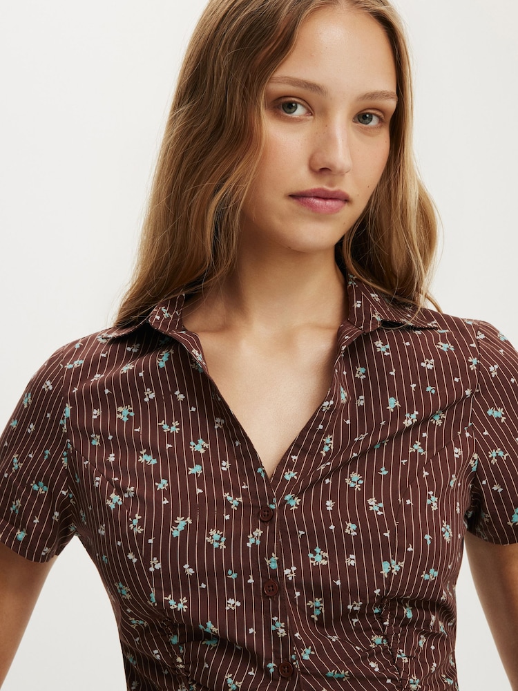 Cotton On Brown Maya Ruched Short Sleeve Shirt - Image 4 of 4 Cotton On Brown Maya Ruched Short Sleeve Shirt - Image 4 of 4