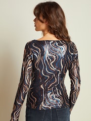 Wavy Navy Sequin Long Sleeve Asymmetric Party Top - Image 1 of 6