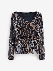 Wavy Navy Sequin Long Sleeve Asymmetric Party Top - Image 2 of 6