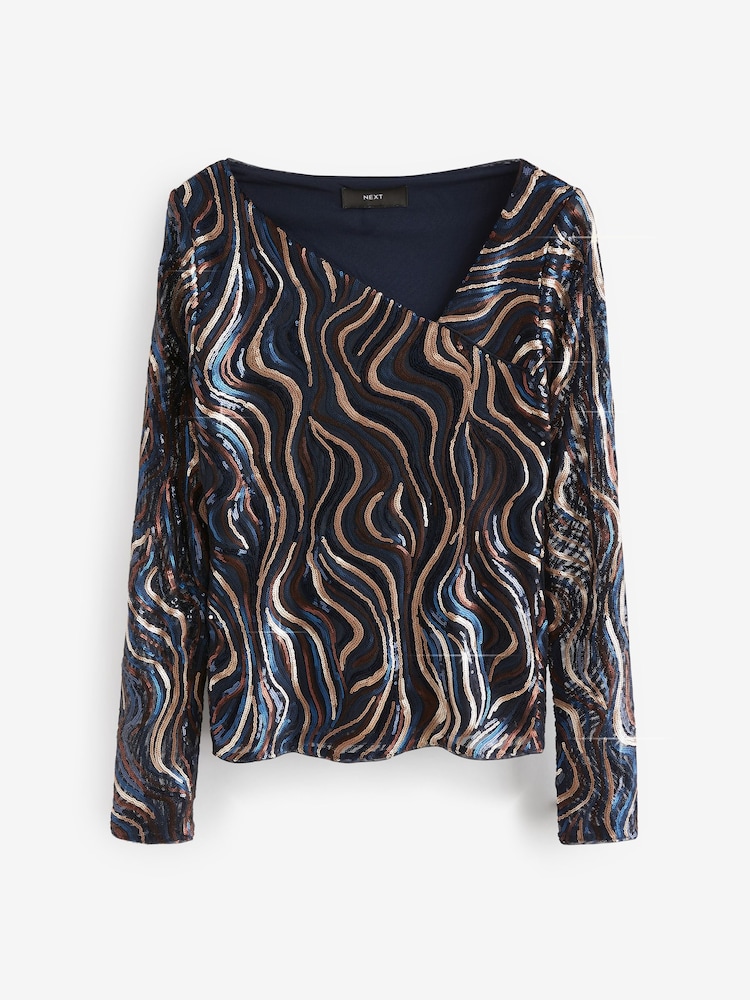 Wavy Navy Sequin Long Sleeve Asymmetric Party Top - Image 2 of 6