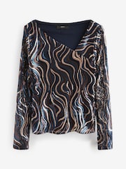 Wavy Navy Sequin Long Sleeve Asymmetric Party Top - Image 5 of 6