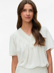 VERO MODA White Short Sleeve V-Neck Lace Trim Top - Image 1 of 5