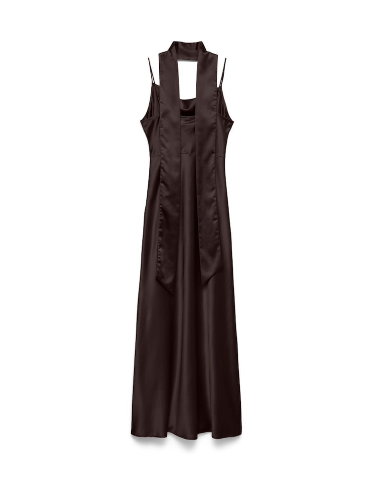 VERO MODA Brown Satin Scarf Detail Cami Maxi Dress - Image 2 of 2