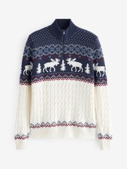 Ecru Cream/Navy Blue Zip Neck Regular Knitted Christmas Jumper - Image 1 of 9