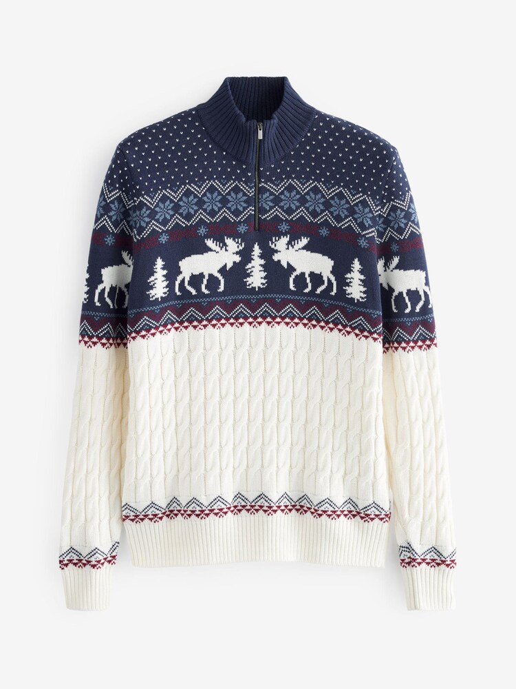 Ecru Cream/Navy Blue Zip Neck Regular Knitted Christmas Jumper - Image 1 of 9