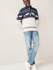 Ecru Cream/Navy Blue Zip Neck Regular Knitted Christmas Jumper - Image 2 of 9