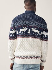 Ecru Cream/Navy Blue Zip Neck Regular Knitted Christmas Jumper - Image 4 of 9