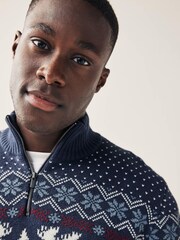 Ecru Cream/Navy Blue Zip Neck Regular Knitted Christmas Jumper - Image 5 of 9