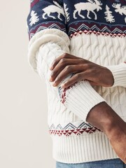 Ecru Cream/Navy Blue Zip Neck Regular Knitted Christmas Jumper - Image 6 of 9