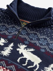 Ecru Cream/Navy Blue Zip Neck Regular Knitted Christmas Jumper - Image 8 of 9