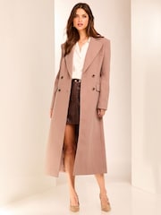 Lipsy Pink Long Line Double Breasted Coat With Wool - Image 1 of 5