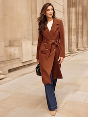 Lipsy Rust Red Petite Double Breasted Long Line Belted Coat - Image 1 of 5