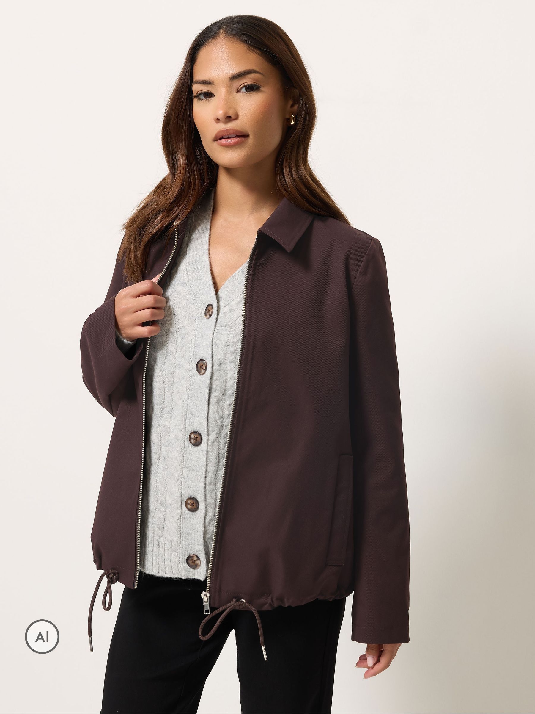 M&Co Petites Women's Brown Mco Petites Twill Tie Hem Bomber Jacket - Image 2