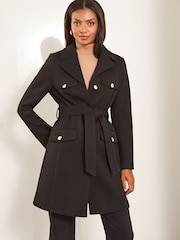 Lipsy Black Petite Military Button Through Belted Coat - Image 1 of 6